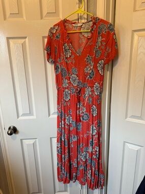 Sonoma Coral-Red Floral V-Neck Midi Dress